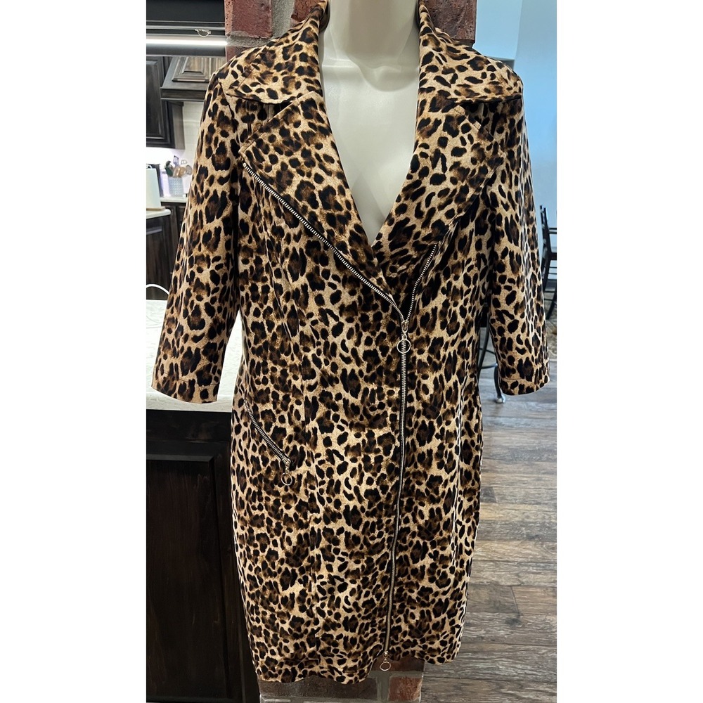 Joseph Ribkoff Leopard Print Moto Coat Women 10 Asymmetrical Zip Long Jacket